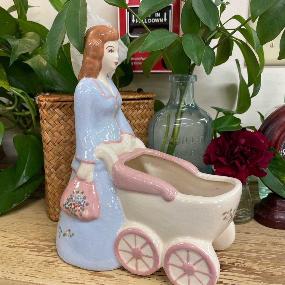 Vintage Lady Figurine with Baby Carriage